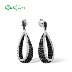 SANTUZZA Pure 925 Sterling Silver Earrings For Women Sparkling Black Spinel White CZ Drop Shape Eariings Fashion Fine Jewelry