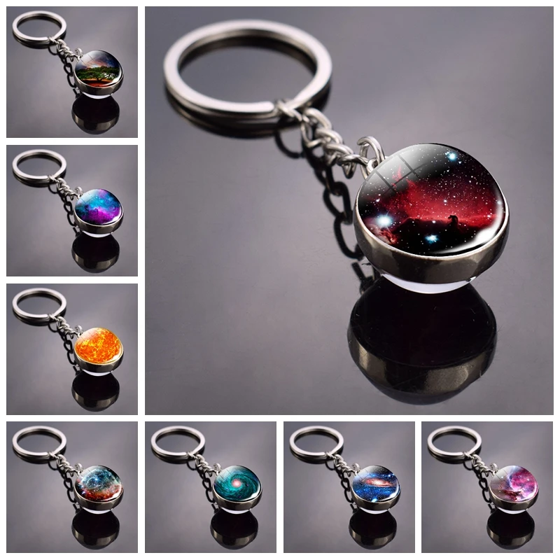 New fashion Nebula Jewelry Planet Galaxy Double Side Glass Ball Pendant Keychain Car Key Holder For Friends Gifts