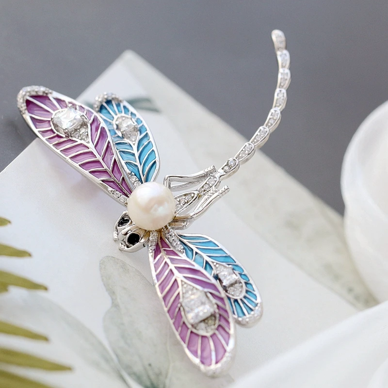 

Authentic 925 Sterling Silver Inlaid Natural Freshwater Pearl Lovable Little Dragonfly Brooch Lady Trendy Style Jewelry Gift