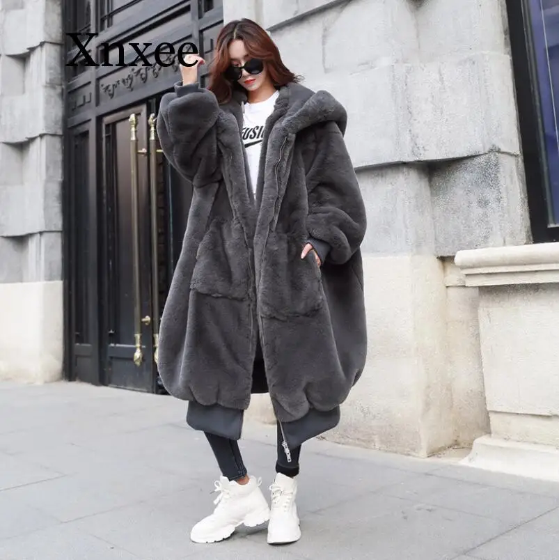 Oversized Winter Warm hooded Jacket women Thicken Long Coat Solid gray Faux Fur Coat Women Casual Women Fur Faux Jacket Outwear