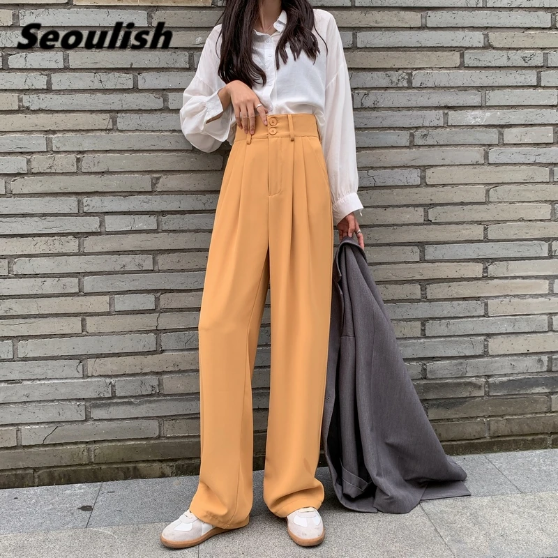 

Seoulish 2021 New Spring Summer Wide Leg Women's Full Pants Button High Waist Female Elegant Minimalism Office Work Trousers