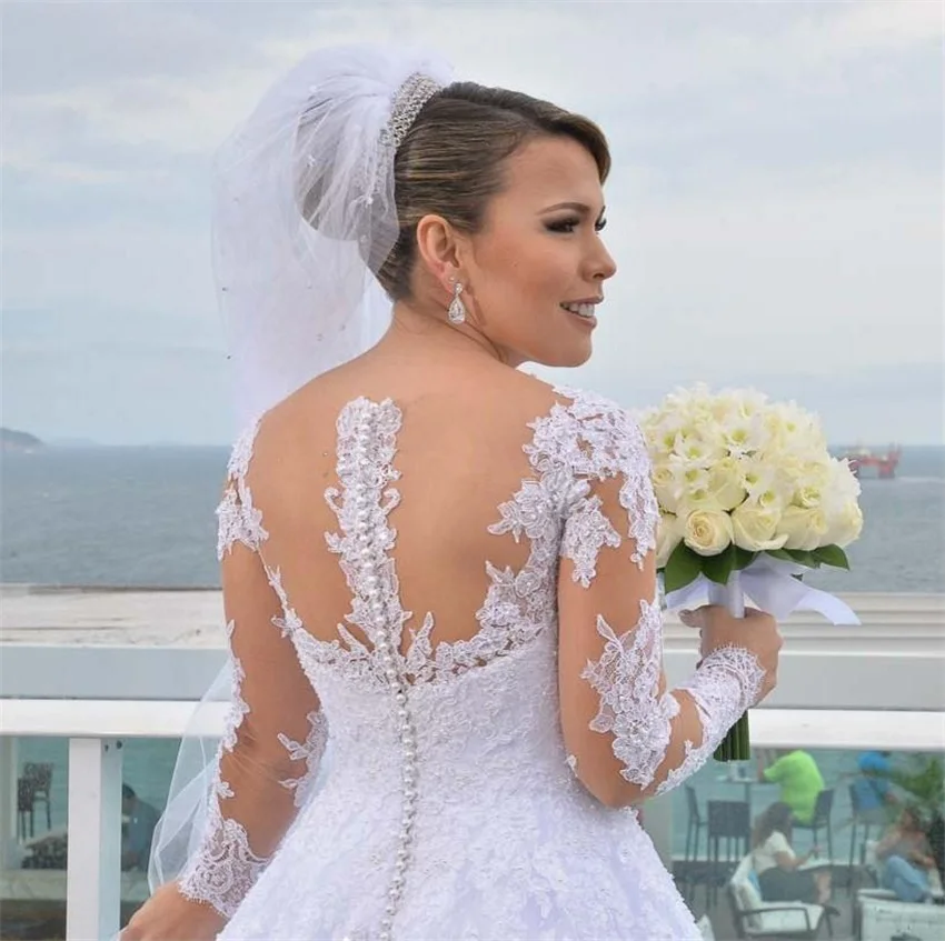 Robes de mariée à manches longues avec appliques en dentelle blanche, ligne A, tulle perlé, robes de mariée bon marché, quelle que soit la robe de mariée