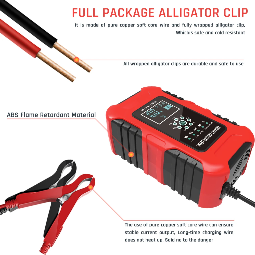 FOXSUR Car Battery Charger 12Volt 24V 10A 7Stages AGM LiFePo4 Lead Acid Gel Wet Motorcycle Fast Automatic Pulse Repair Charging