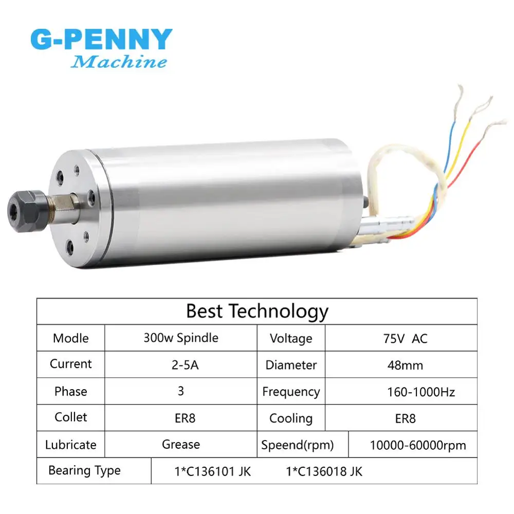 G-Penny Water Cooled Spindle Motor 75vAC 300w ER8 0-60000rpm 1000Hz 48*130mm Water Cooling Intricate Carving