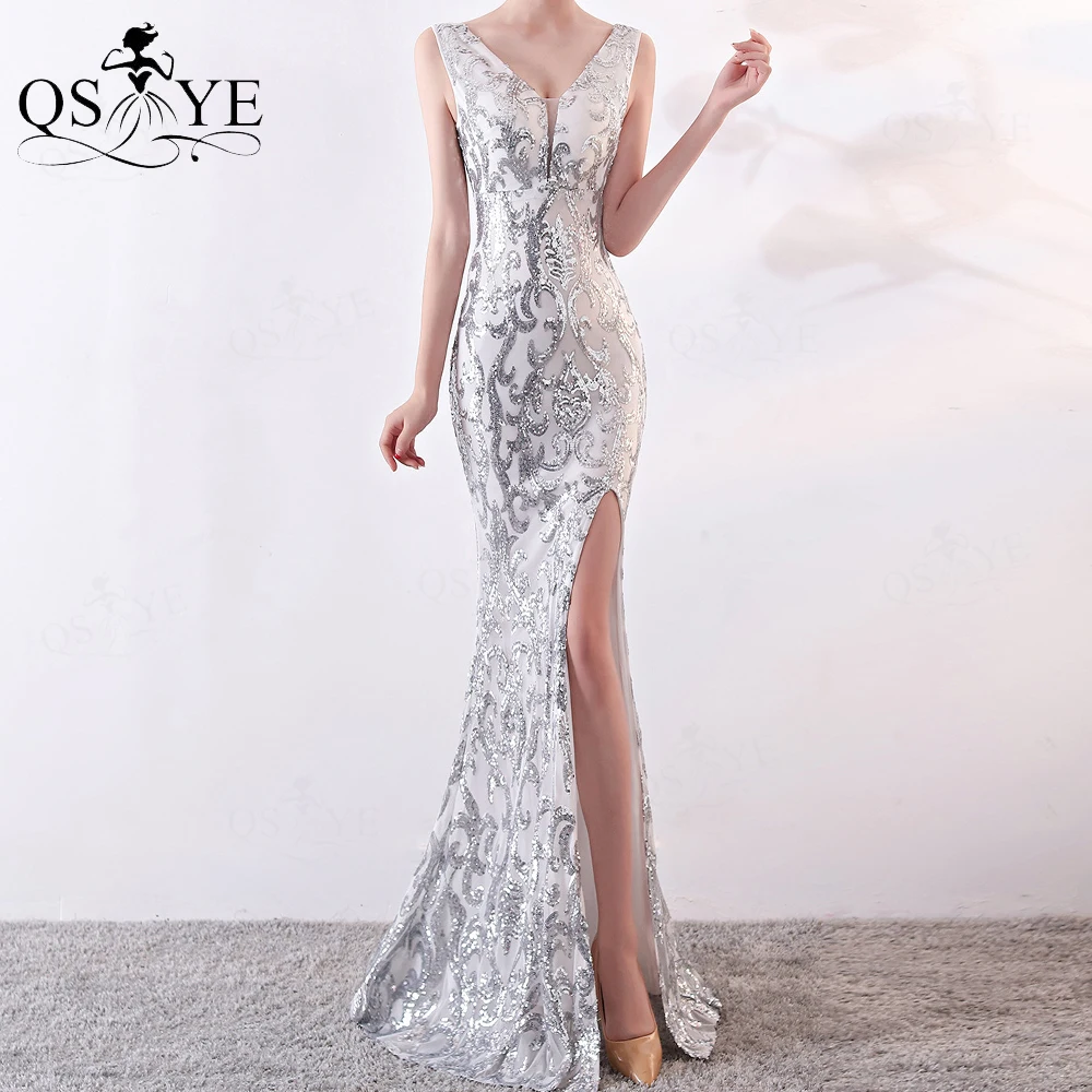 Silver Evening Dresses Long Fitted Sequin Dress Mermaid Long Evening Gown Unique Pattern Lace Sexy Split Party Formal Gown