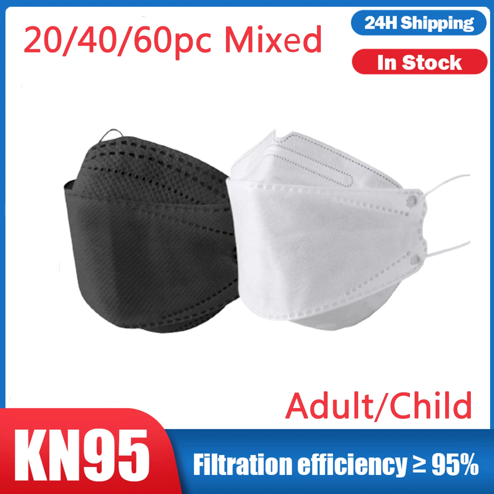 20/40/60 KN95 Face Mask Adult Child Outdoor Black White Solid FFP2 CE Mask Fish Non Woven mascherine ffp2 Mask mascarillas