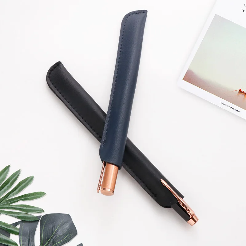 Business Portable Pen Case Creative Personality Gel Pen Protective Cover Simple Solid Color Leather Pen Pencil Case Stationery