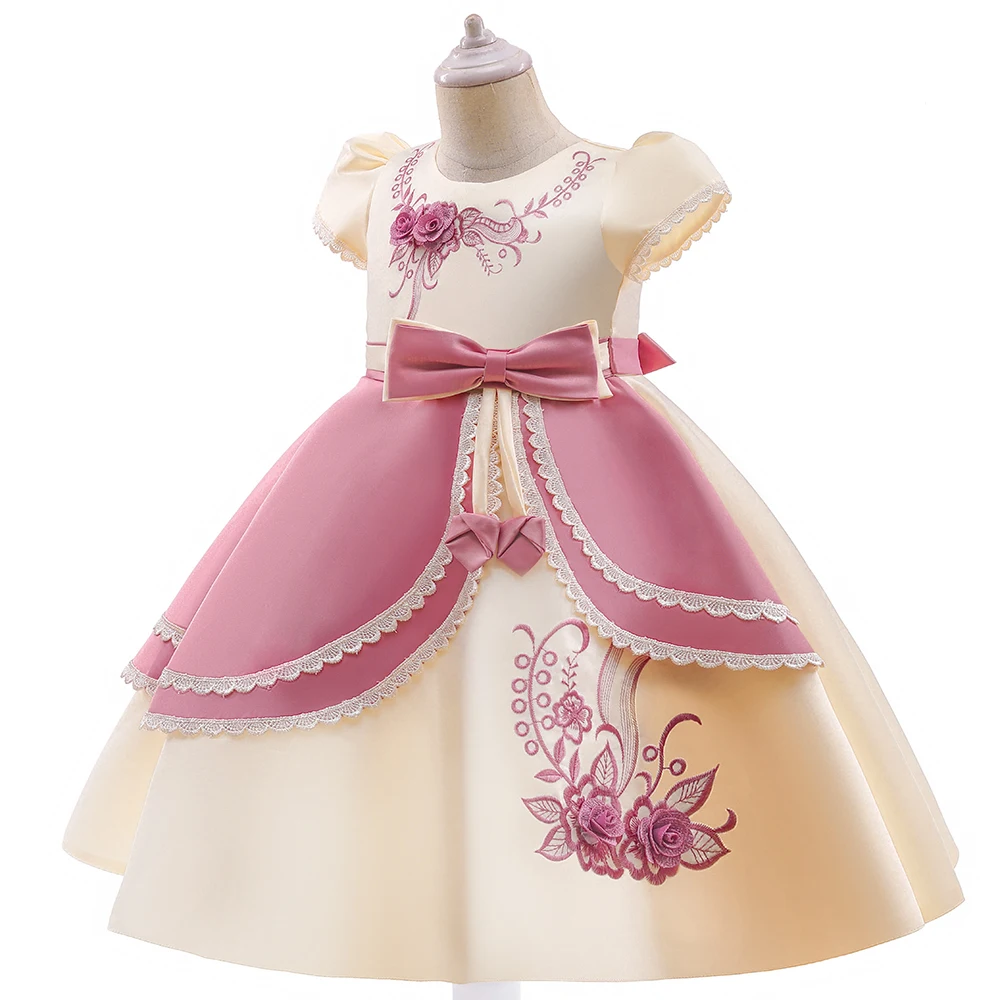 Girl Lovely Pink Costume Children Bow Lace Tulle Embroidered Three-dimensional Flower Party Princess Ball Gown Dress 3-10 Years