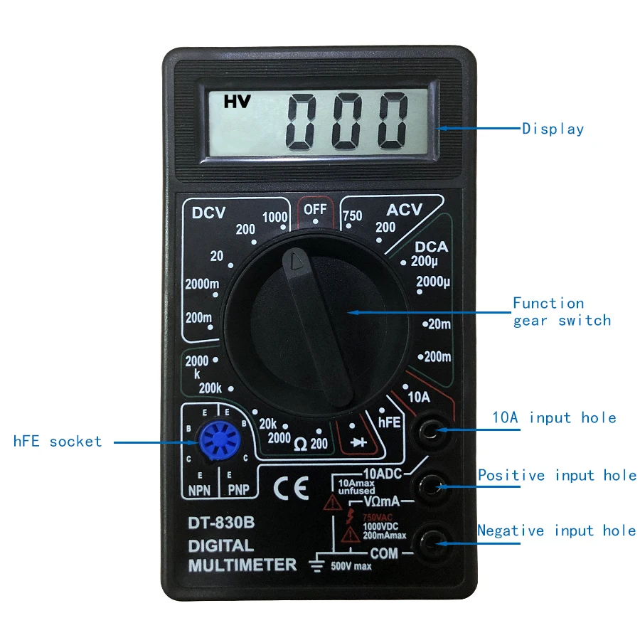 DT-830 Digital Multimeter Buzzer Square Wave Output Voltage Ampere Ohm Tester Probe DC AC LCD Overload protection DT-830B 830D