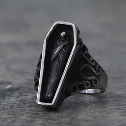 Unique Zombie Vampire Skull Biker Men's Ring Black Stainless Steel Punk Coffin Rings For Men Gothic Ring Wholesale Jewelry Gift