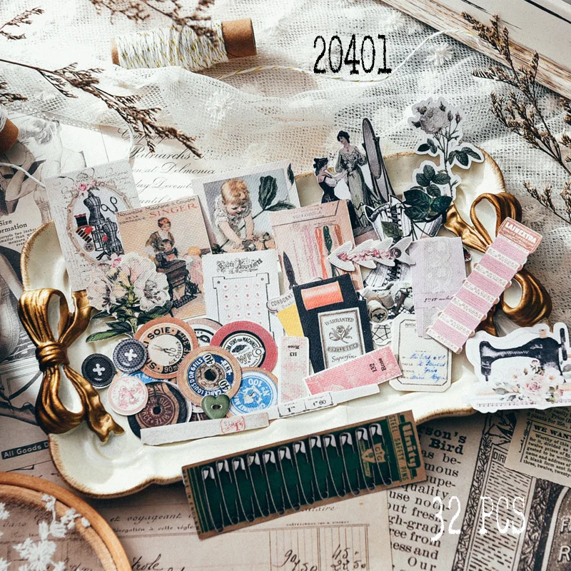 32pcs retro European and American SEW decorative sticker DIY scrapbooking journal album diary collage primer decorative stickers