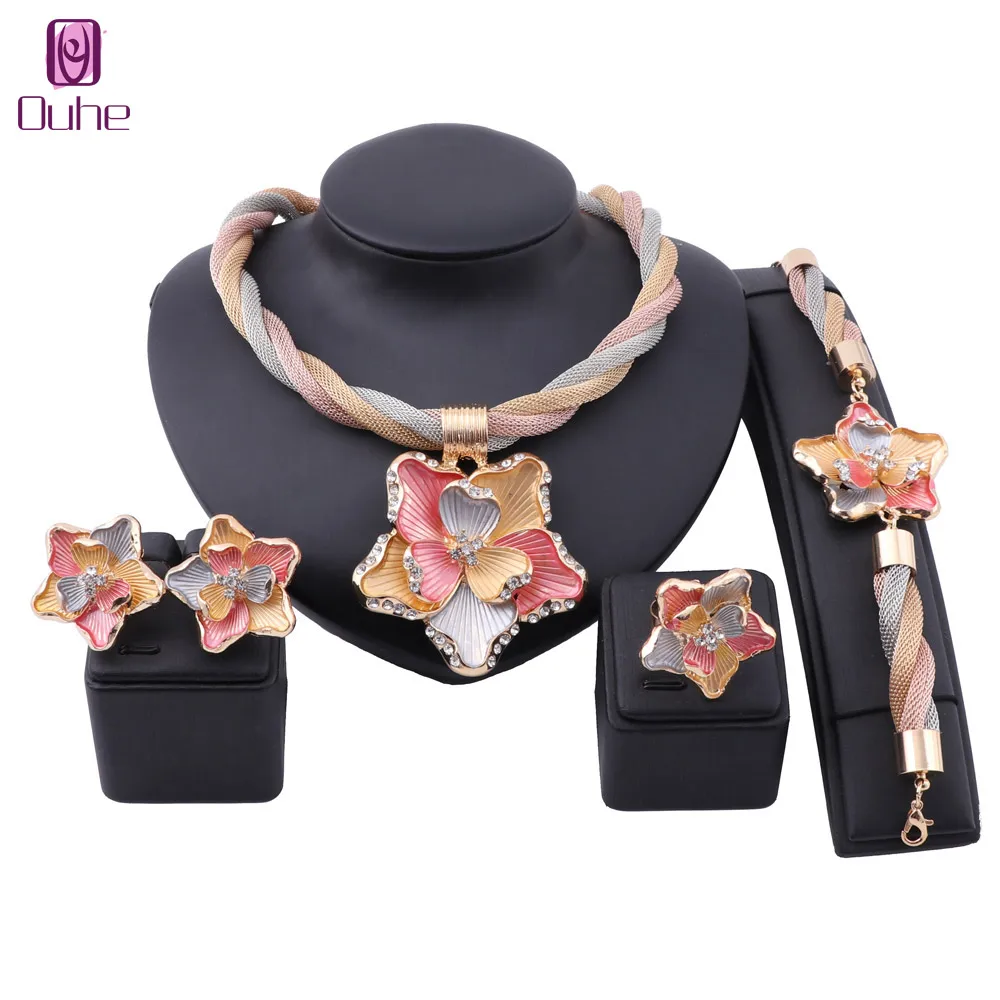 

Dubai Gold Colorful Jewelry set For Women Big Flower Necklace Earring Crystal Jewelry Set Italian Bridal Wedding Accessories Set