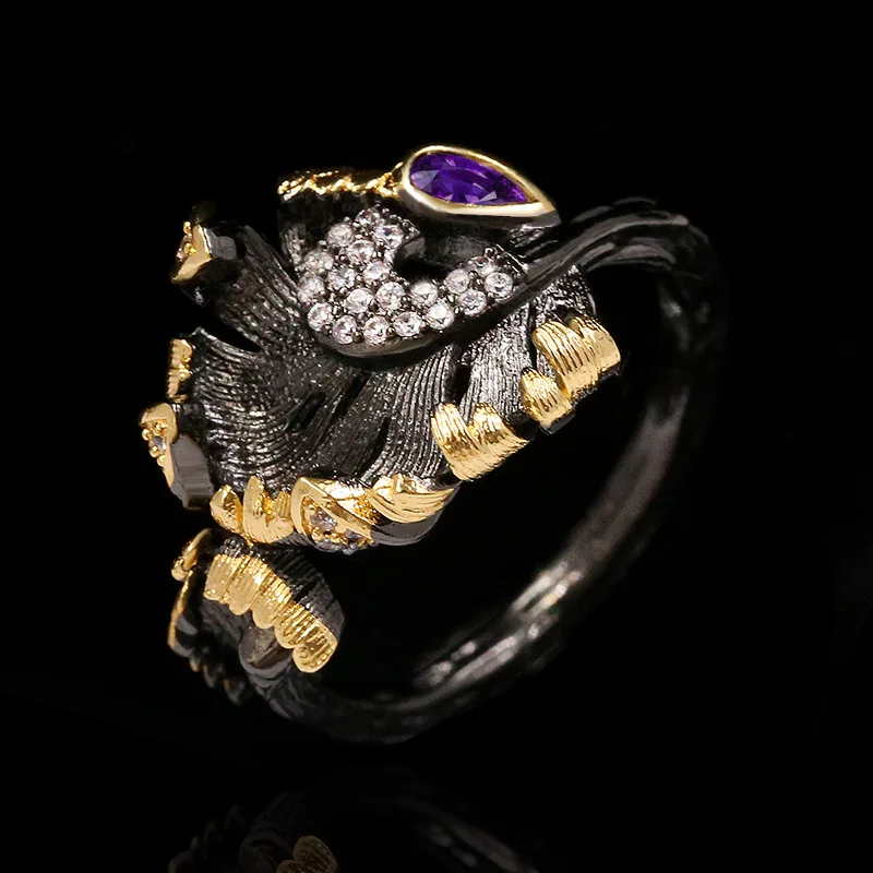 Retro Ethnic Leaves Winding Irregular Black Translucent Crystal Ring Luxury Exaggerated 925 Jewelry Wedding Ring