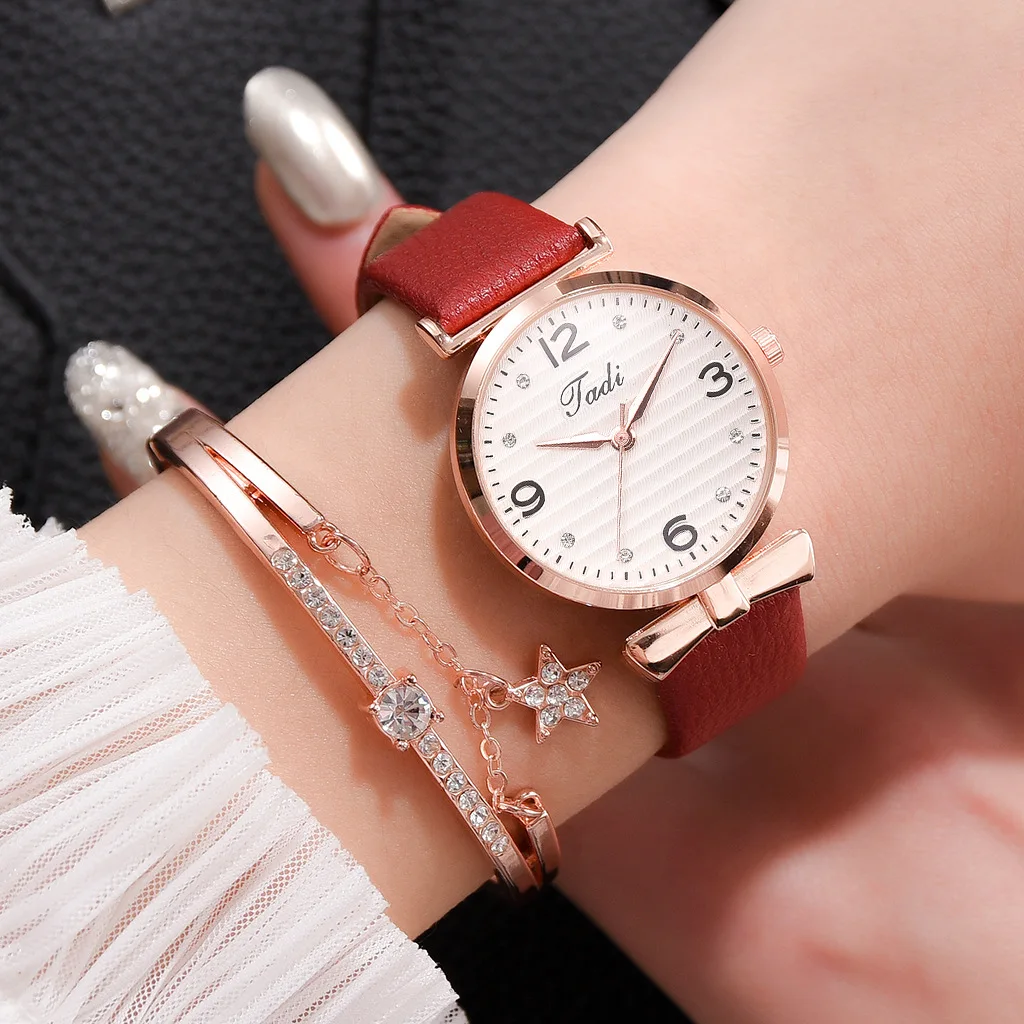 Top Brand Dress Female Watches Simple Rhinestone Woman's Watch Bracelet Set 2PCS Leather Ladies Wristwatch Dropship reloj mujer