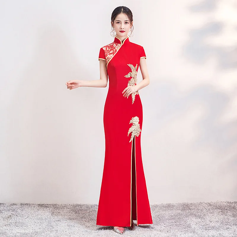 

Flower Appliques Mermaid Cheongsam Sexy High Split Qipao Mandarin Collar Evening Party Dress Gown Satin Chinese Long Vestidos