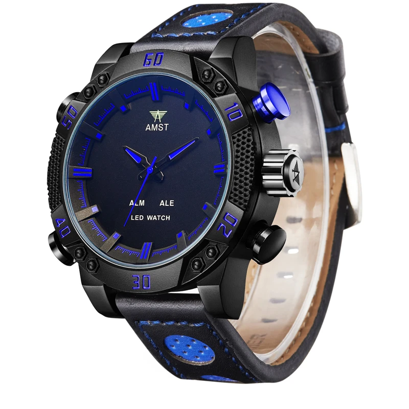 Sports Watch Men Waterproof Quartz Japan Movement Alloy Round Big Dial Leather Strap Man Watches LED Dual Display Clock AMST3016