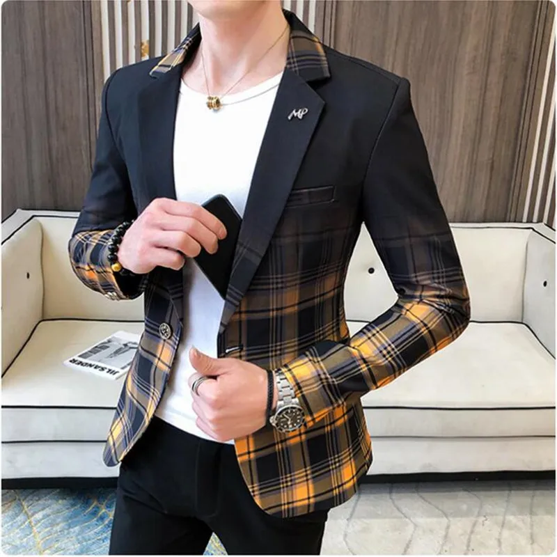 2024 Spring Men\'s Plaid Blazer Fashion Business Casual Men\'s Slim Suit Jacket Large Size Casual Banquet Wedding Party Club Dress