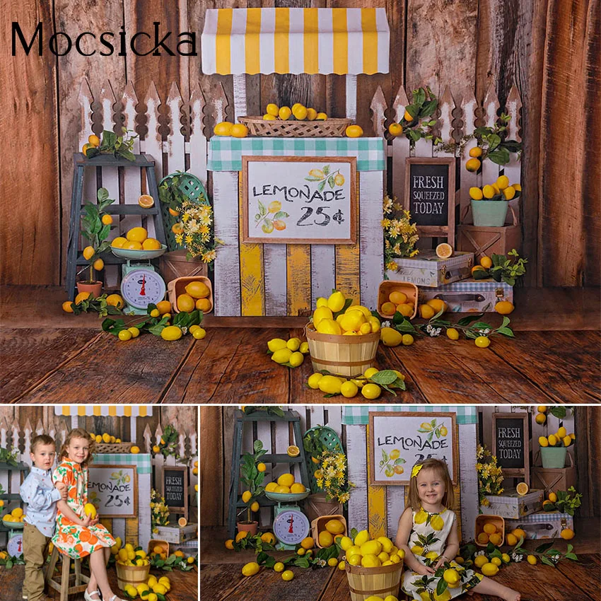 

Mocsicka Photography Backdrop Brown Wooden Wall Lemon Fruit Birthday Decor Baby Child Portrait Photo Background for Photo Studio