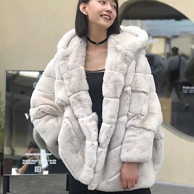 

2021Women Real Rex Rabbit Fur Coats With Lapel Collar Natural Whole Skin Genuine Loose bat sleeves Rex Rabbit Hooded Fur Overco