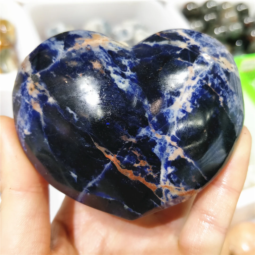 8-10CM Natural Blue Veins Stone Sodalite Crystal Polished Love Heart Cabochons Ornament For Home Decoration Meditation Gemstone