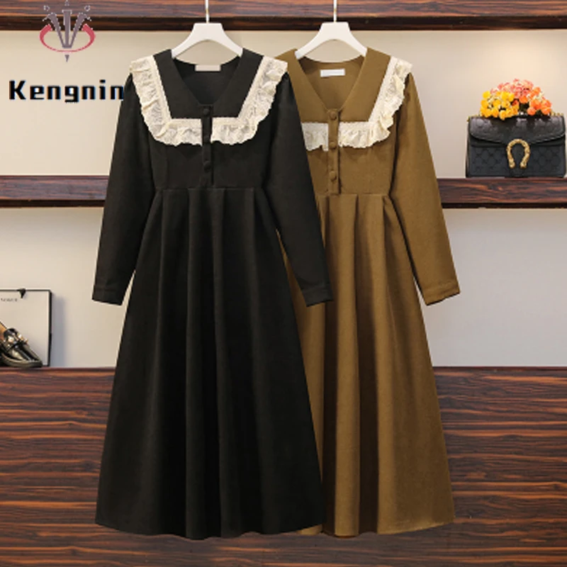 Corduroy Dress Women Autumn Winter Thick Loose Oversized 4XL Female Robe Dress Lace Patchwork Warm Dress Ladies Vestidos KE1979