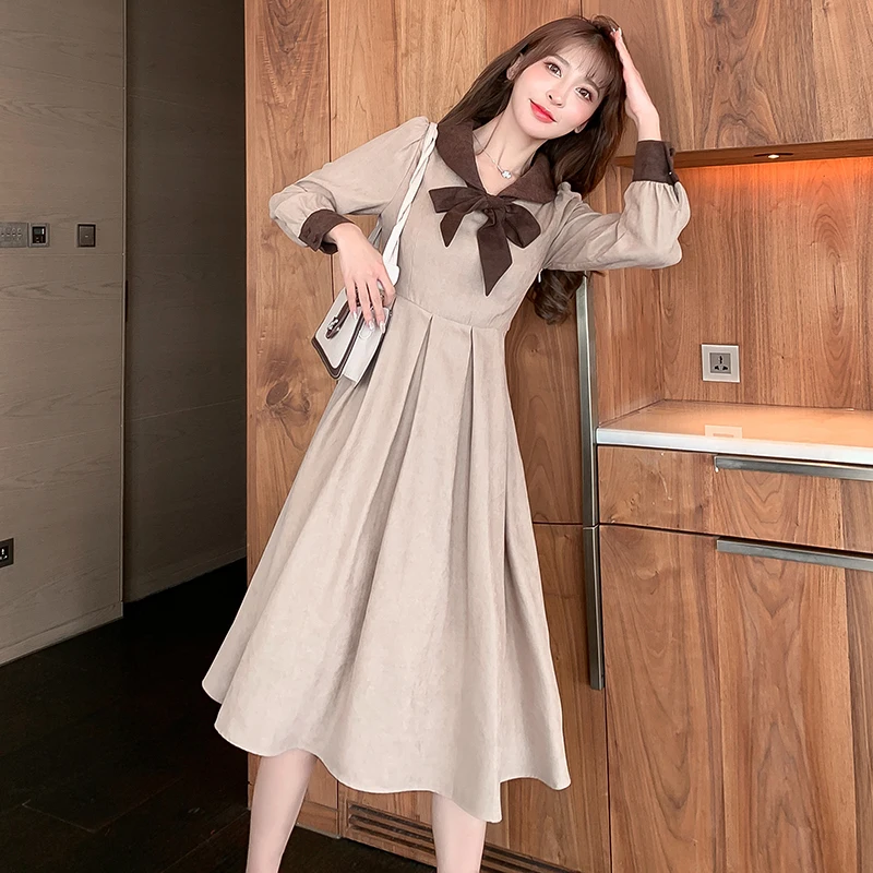 

Woman Dress 2021 New French Style Retro Waist Thin Lined Corduroy Dress Female Spring and Autumn Bow Tie Solid Color Long Dress