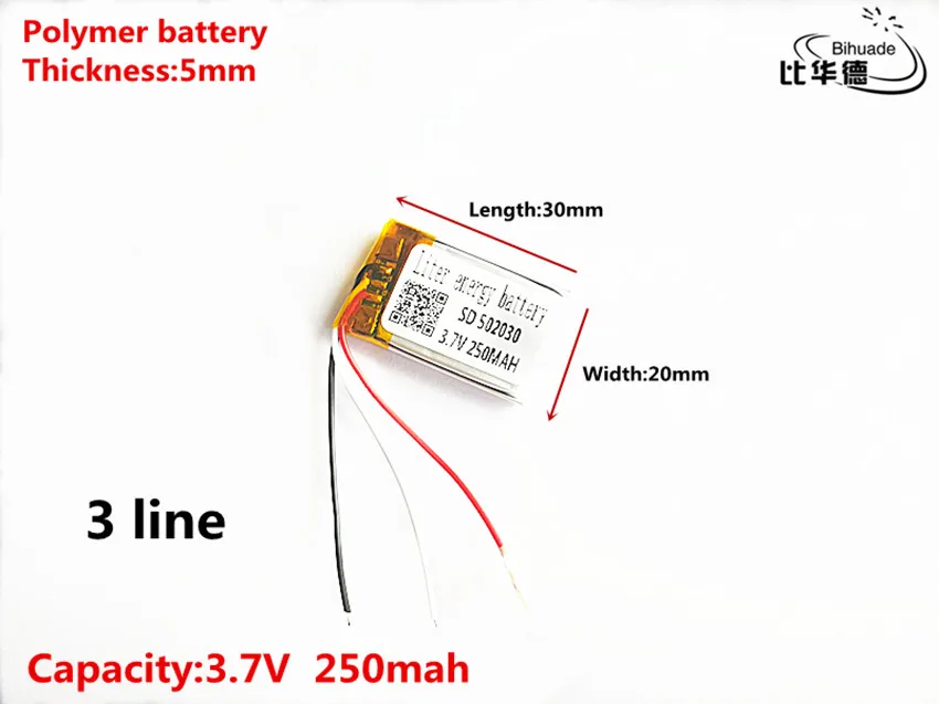 3 linie Dobra jakość 3,7 V, 250 mAH, 502030 Polimerowy akumulator litowo-jonowy / litowo-jonowy do zabawek, POWER BANK, GPS, mp3, mp4