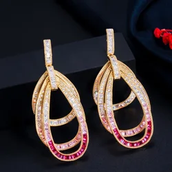 CWWZircons Luxury Multiple Round Pink Red Cubic Zircon Long Big Geometric Drop Dangle Earrings Female Wedding Prom Jewelry CZ801