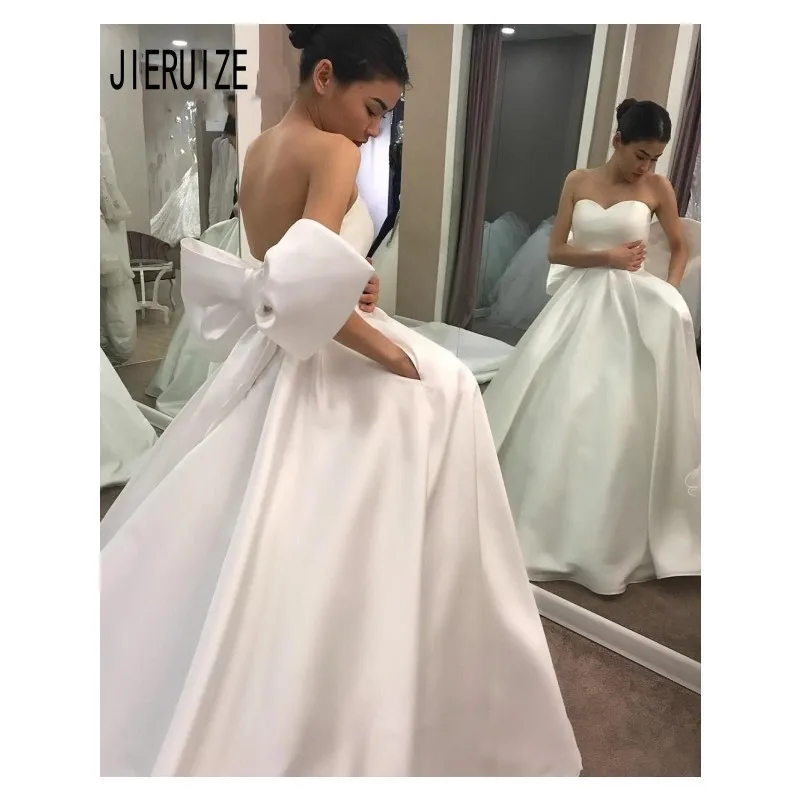 Jieruize moda voltar design vestidos de casamento com arco grande querida pescoço sem costas simples cetim vestidos de noiva novia