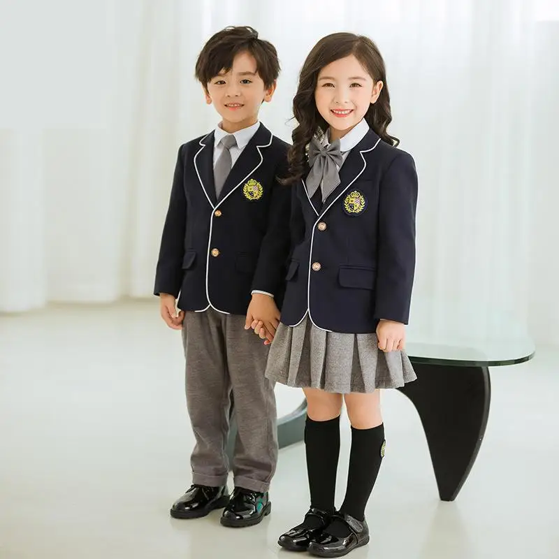 男の子と女の子のための英国の制服,ブレザーコート,グレーのスカート,ショーツ,小学生のための服のセット