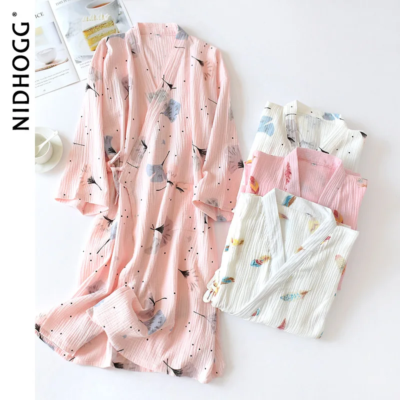 

Women's Kimono Nightgown 100% Cotton Gauze Crepe Womens Robe Spring Thin Bathrobes Knitted Printing Sleepwear Long Sleeve Robes