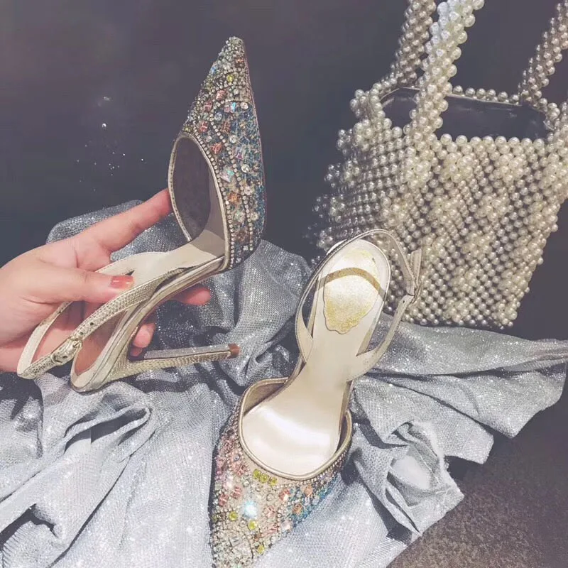 Bling Multi Crystal Beaded Women Pumps Thin Heels Lace Mesh Pointed Toe Bridal Wedding Shoes Rhinestone Slingback High Heels