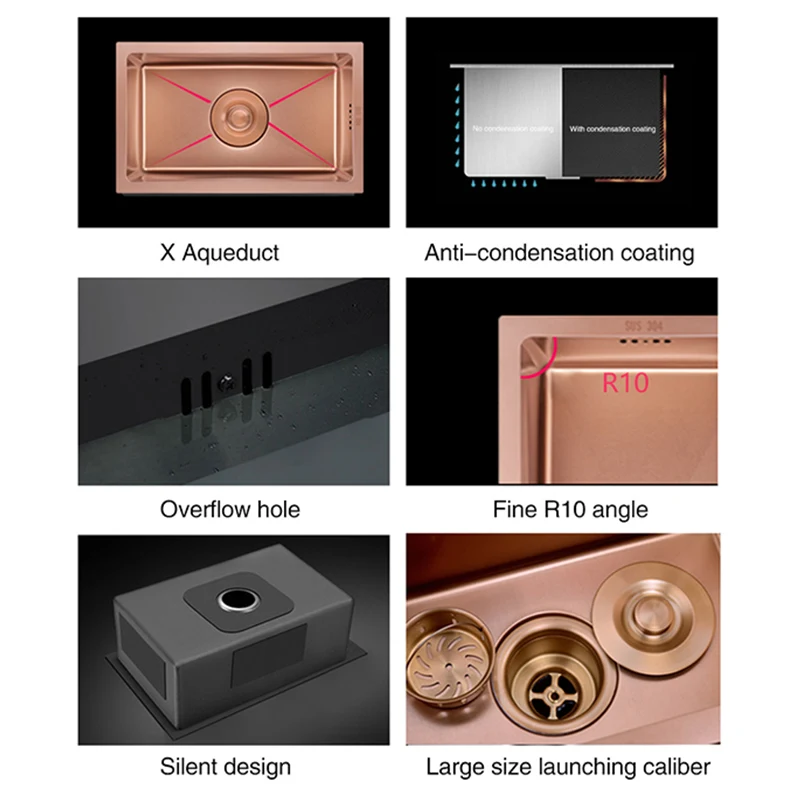 Imagem -04 - Pia de Cozinha com Tecnologia de Nanômetro de Ouro Rosa Dispensador de Pia Manual de Aço Inoxidável mm de Espessura em Ouro Rosé para Cozinha