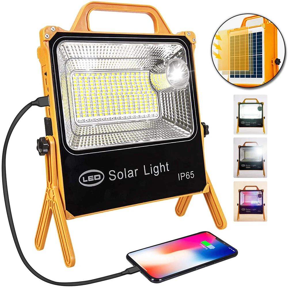 Portable LED Solar Work Light Rechargeable Camping Lantern Outdoor Powerbank Waterproof Flood Spot Flashlight Emergency Job Site