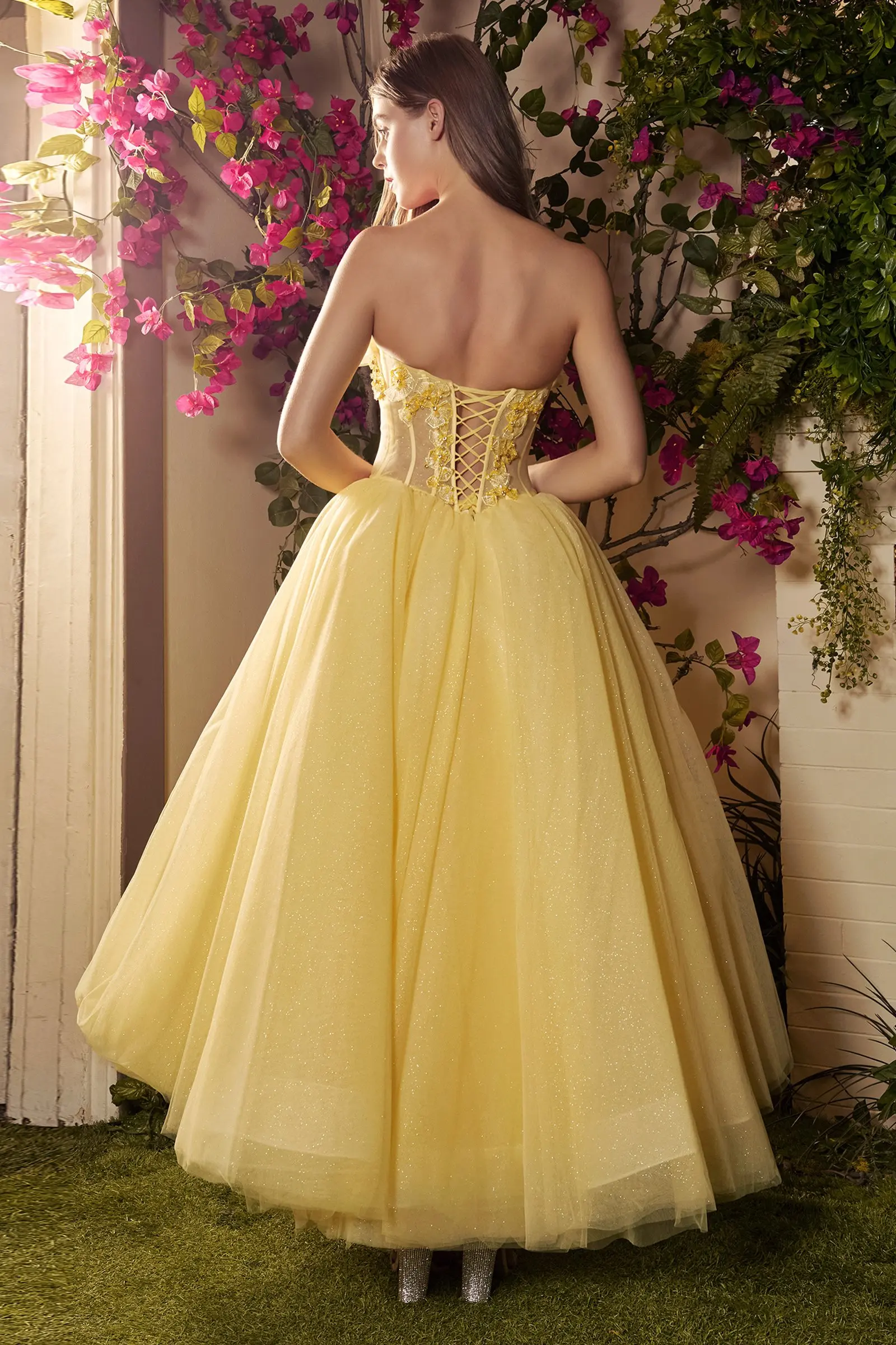 Eeqasn-Amarelo Glitter Tulle Vestidos Curtos de Baile, Apliques, Renda, Chá de comprimento, Vestidos de Festa Noturna, Ossos Cabidos, Vestido Speical Formal