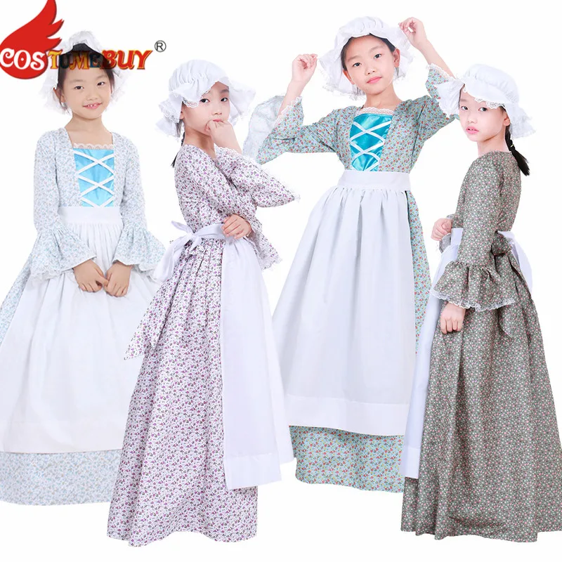 Costumebuy Reenactment Pioneer Prairie Colonial Maid Girls Kids Costume Carnival Victorian Medieval Cosplay Child Dress with Hat