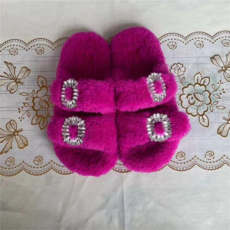 Women\'s Genuine Shearling Slippers Ladies Furry Slippers Girls Flat Slippers Outside