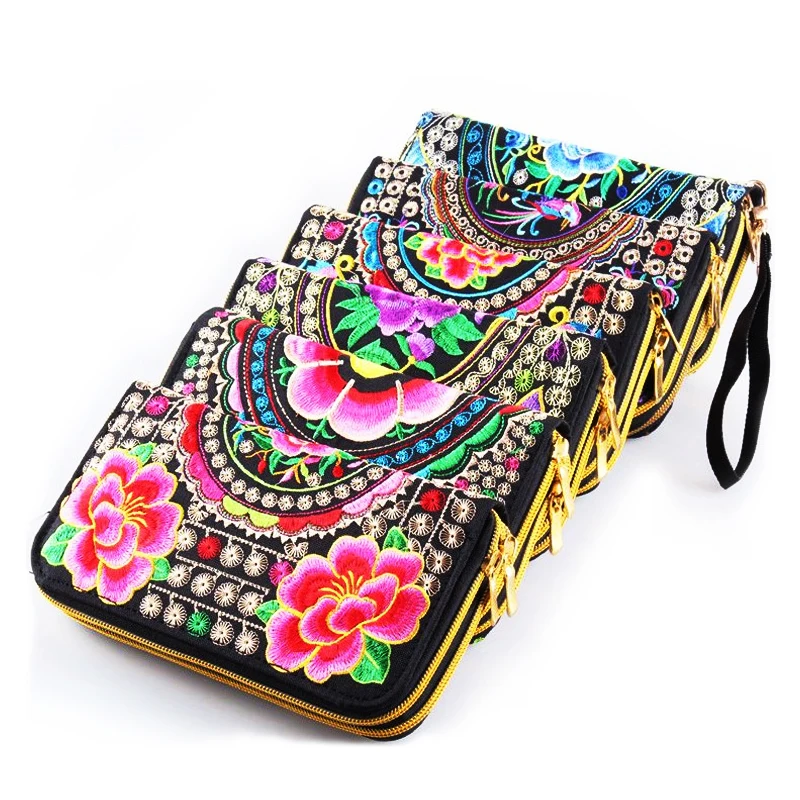 Women Wallet Long Zipper Coin Card Holder Wallets Hand Embroidery Pretty Flower Bohemia Ethnic Clutch Bag Wallet for Girl