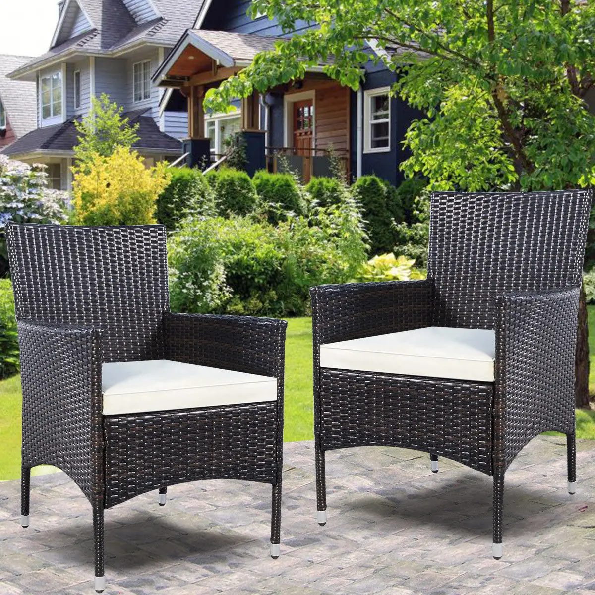 Costway 2PC Chairs Outdoor Patio Rattan Wicker Dining Arm Seat With Cushions