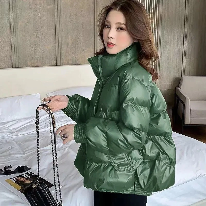 

Streetwear Women Short Cotton Jacket Solid Color Stand Collar Zipper Winter Padded Parka Thick Warm Korean Style Coat Fashion