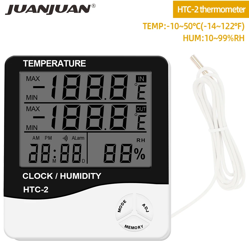 HTC-1 HTC-2 Digital Temperature Humidity Meter Electronic LCD Indoor Outdoor Thermometer Hygrometer Weather Station Clock