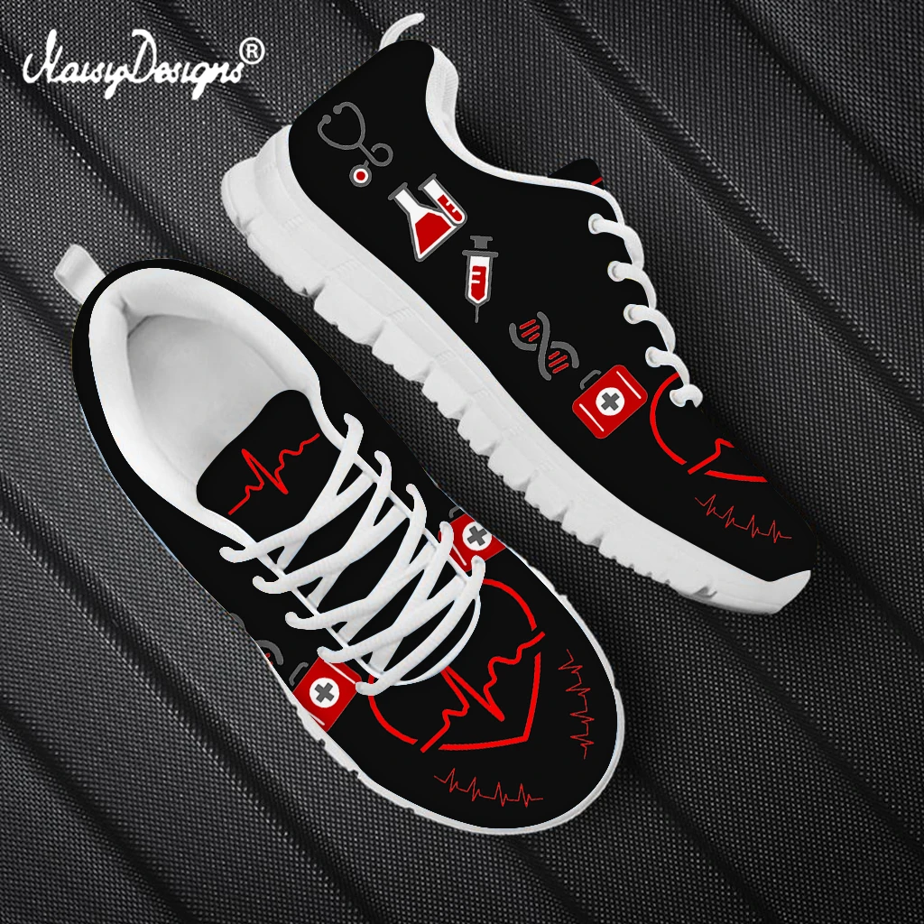 Noisydesigns Black White Heart Beat Prints Casual Flats For Women Lightweigt Breathable Mesh Sneakers Outdoor Sport Shoes 2021