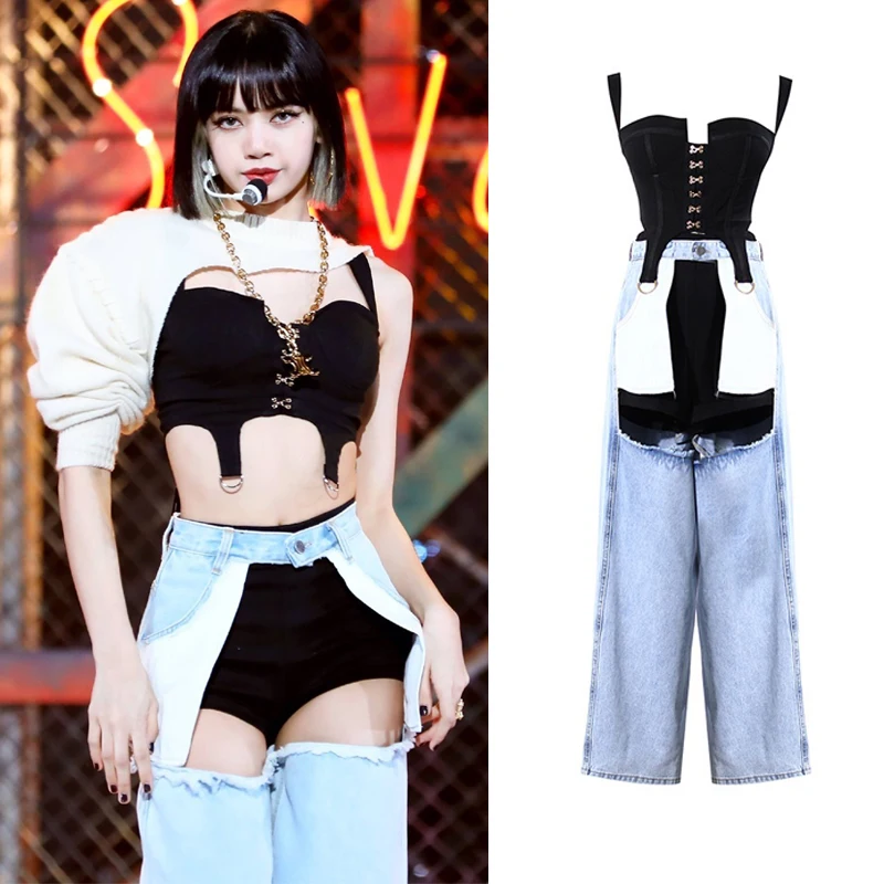 New Girls Group Hip Hop Clothes Hollow Design High Waist Vest Nightclub Female Singer Sexy Stage Performance Clothing DWY6051