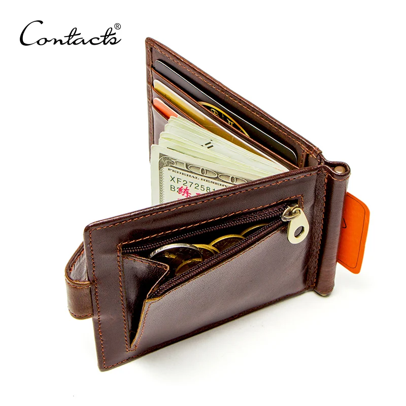 CONTACT'S Cow Leather Money Clip Men Card Wallet Thin Money Clamp for 10 Cards Male Bifold Credit Card Case with Zip Coin Pocket