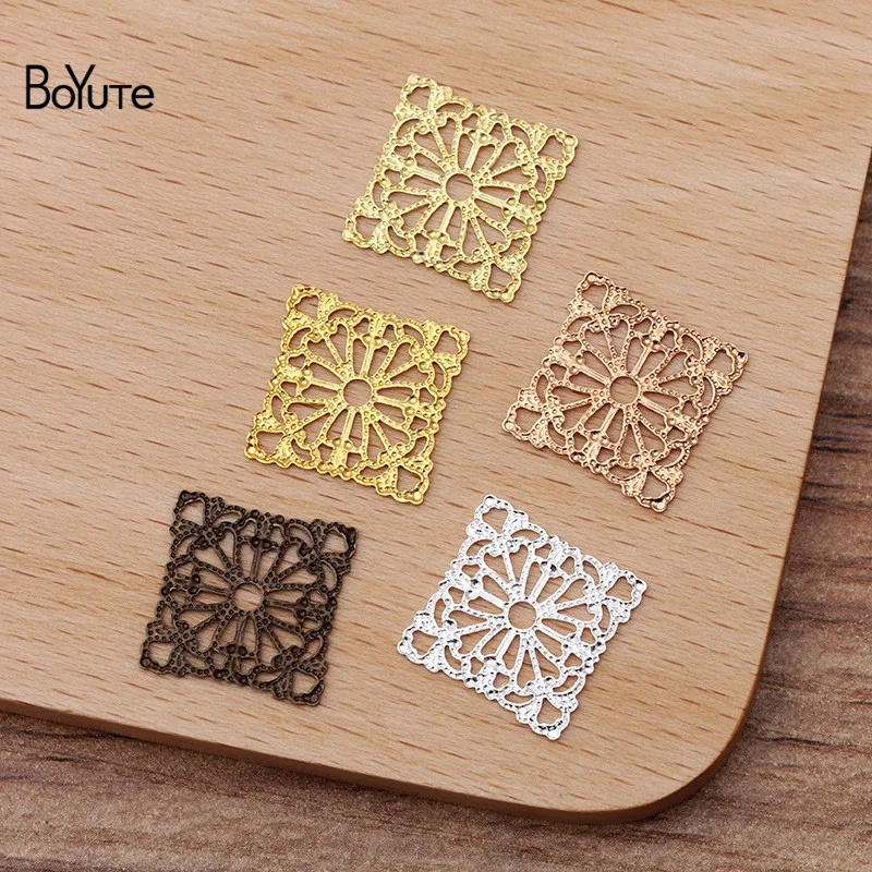 BoYuTe (100 Pieces/Lot) 15MM Metal Brass Stamping Square Filigree Findings Diy Handmade Jewelry Accessories Wholesale