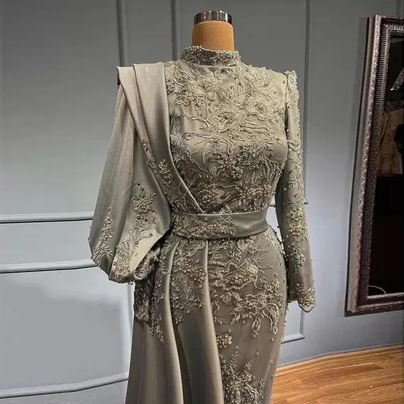 Grey Muslim Evening Dresses with Long Sleeves 2022 High Neck Robe De Marrige Bead Arabic Dubai Formal Prom Gowns