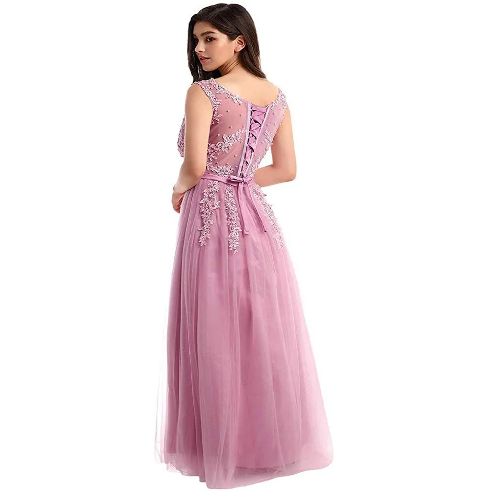 Ladies Elegant Lace Up Applique Floral Evening Long Dress A-line Party Gown Festive Formal Gowns Sleeveless