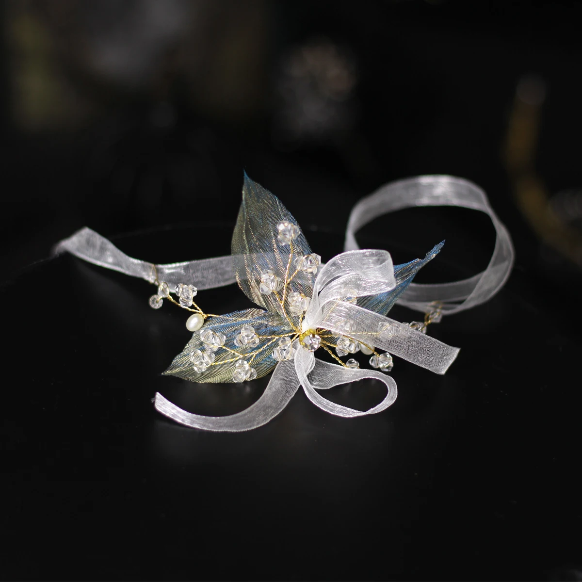 HP051 Fairy Handmade Bridal Wristband Yarn Leaves Ribbon Bridesmaid Wrist Corsage Women Wedding Accessories