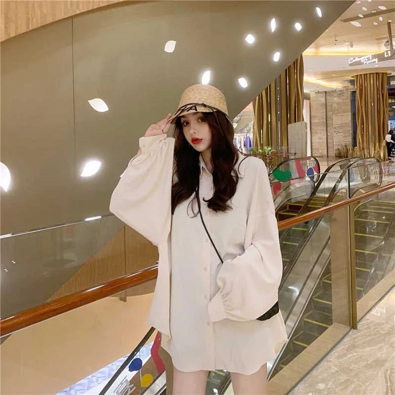 Casual Loose White Shirt Women Lantern Sleeve Blouse Fashion Lapel Oversized Top Shirts