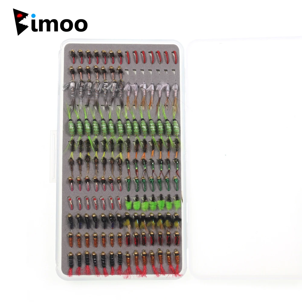 Bimoo 147pcs/Box Dry Wet Nymph Fly Fishing Lures Kit Bead Head Nymph Midge Larvae Stonefly Trout Grayling Fishing Lures Baits